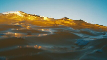 Family surf. Teen boy surfer paddles in the ocean at sunrise