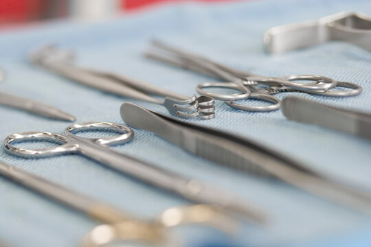 Surgical instruments laid out in preparation for surgery.
