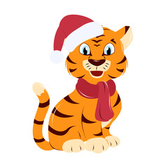 cute tiger in santa claus christmas hat, hand drawing 