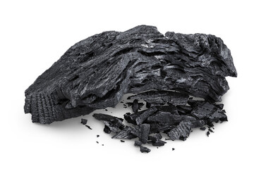 Natural wooden charcoal isolated on white background with full depth of field
