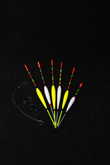 Accessories for carp fishing and fishing baits on wooden planks with copy space.