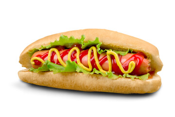 Barbecue Grilled Hot Dog with Yellow Mustard on white background