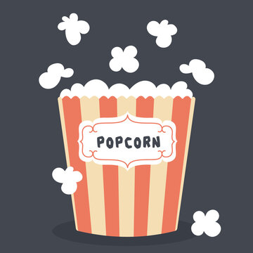 Popcorn on a dark background. The icon is in a flat style. Appetizer for cinema, circus and amusement park. A large box with red stripes.