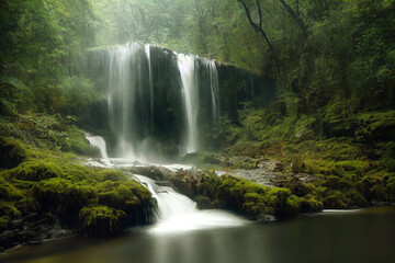 Fototapeta na wymiar Landscape of beautiful scenery of waterfall in deep forest background, 3d rendering