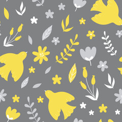Seamless pattern with yellow  flowers and birds on gray background. Doodle illustrations with stylized decorative floral elements. Fabric design with flat colors, for wrapping paper.