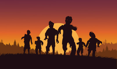 silhouettes of zombie in the sunset