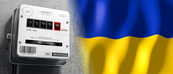Ukraine - country flag and energy meter - 3D illustration