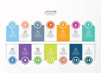 Square infographic with 14 steps, process or options.