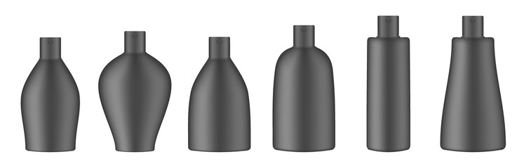 Set of black cosmetic bottles. Realistic mockup. Korean packaging. Lotion or shower gel. Conditioner or hair mask	