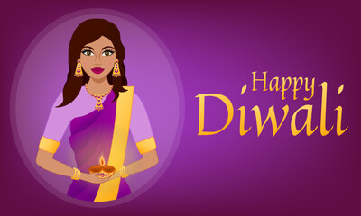 Happy Diwali Hindu festival. Indian festival of lights. Avatar of a beautiful Indian woman wearing sari and carrying lamp