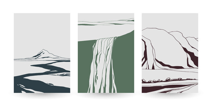 Fototapeta Ink Iceland landscape. Abstract geometric mountain posters boho minimalist backgrounds, contemporary scenery. Vector set