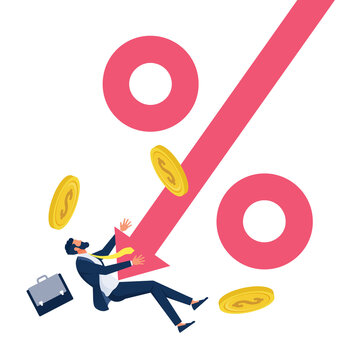 Percentage Arrow Down,  Percentage Decrease-interest Rate Drop, Business Failed And Financial Crisis Concept 