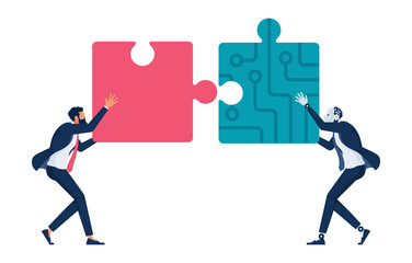 Robot and businessman connect jigsaw puzzle, Cooperation of artificial intelligence and business, Machine learning partnership