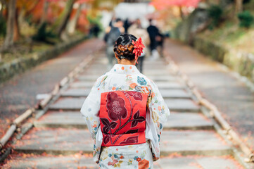  Young women wearing traditional Japanese Kimono with colorful maple trees in autumn is famous in...