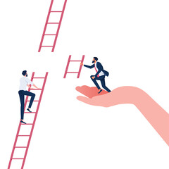 Helping hand, business support to reach career target or success, businessman climbing up to top of broken ladder with partner to connect to reach higher
 - obrazy, fototapety, plakaty