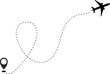Airplane line path icon of air plane flight route dash line trace with start point 