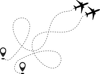 Airplane line path icon of air plane flight route dash line trace with start point 