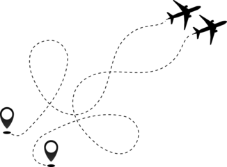 Airplane line path icon of air plane flight route dash line trace with start point 