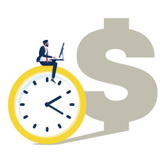 Time to make money concept, businessman working on clock to make money with dollar sign shadow