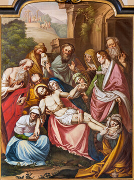 AOSTA, ITALY - JULY 14, 2018: The painting of Deposition - Pieta in the church Cattedrale di Santa Maria Assunta  from 19. cent.
