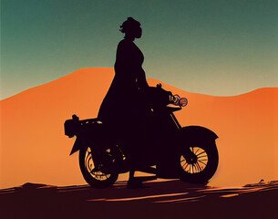 Obraz na płótnie Canvas Silhouette of a girl on a motorcycle in the desert