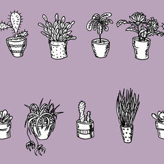 Black and white flowers, cactus and plants in flowerpots, seamless pattern - hand drawn on purple background