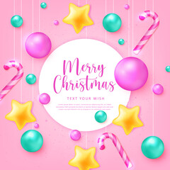 Fototapeta na wymiar Merry Christmas composition 3D cartoon cute decoration ball star ornaments and candy cane