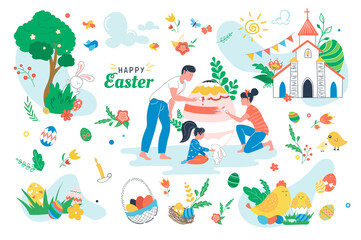 Happy Easter set isolated elements. People painting on paschal egg. Holiday symbols bundle - egg baskets, church, candles, chicken, rabbit, spring flowers. Illustration in flat cartoon design