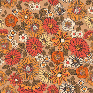 Vintage 60s,70s retro hand drawn colorful groovy flower seamless pattern
