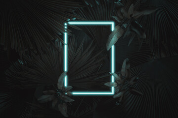 Obraz na płótnie Canvas 3D rendering of lighten neon rectangular shape covered by tropical leaves. Flat lay of minimal tropical style concept