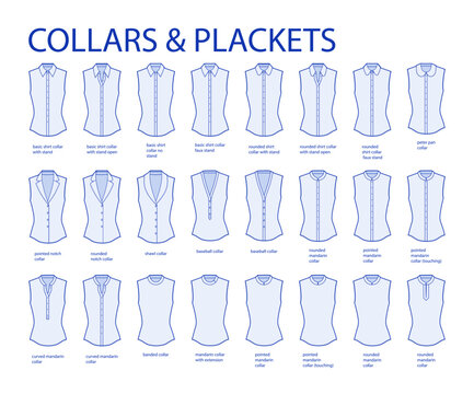 Set of necklines of collars and plackets, stand, mandarin, baseball necks clothes tops, shirts, blouses technical fashion illustration. Flat apparel template front side. Women, men unisex CAD mockup