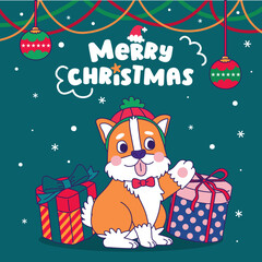 Dogs In Christmas Costumes With Gift Boxes, Vector, illustration, Cartoon