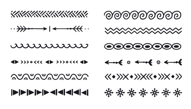 Hand drawn folk motif border, ethnic pattern set. Peru, mexican, aztec drawn border pattern. Boho, indian decoration, arrow element. Vector illustration.