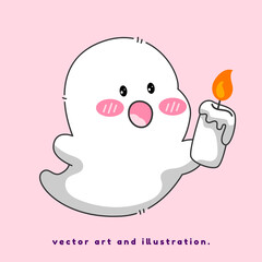 little ghost holding a candle. Cartoon vector art and illustration.