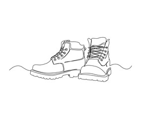 Continuous one line drawing of man work boots. Safety hiking boots line art drawing.