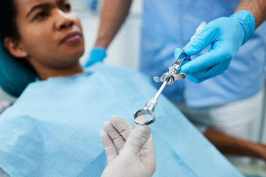 Close Up Of Anesthetic Dental Procedure At Dentist's Office.