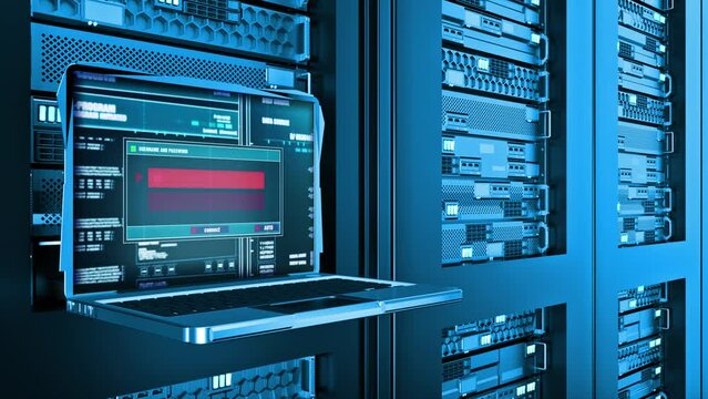 System Corrupt Warning Error Alert Text on Computer Screen Login Password on server racks data center room Internet. concept of data encryption theft, System warning, Hacking attack, malware detected.