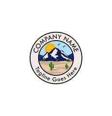 Desert Sunset Scenic Circle Vector Logo Design. Cactus, Sunset and rocks, and Desert Badge Emblem Logo Illustration.