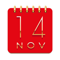 14 day of the month. November. Luxury calendar daily icon. Date day week Sunday, Monday, Tuesday, Wednesday, Thursday, Friday, Saturday. Gold text. Red paper. Vector illustration.