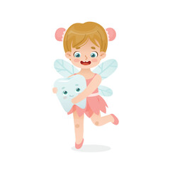 Cartoon tooth fairy baby girl. Cute flying tooth fairy holding tooth with face. Adorable dental mascot.
