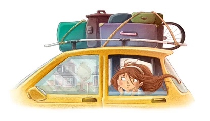 Rolgordijnen Illustration of sad girl moving in car © cirodelia