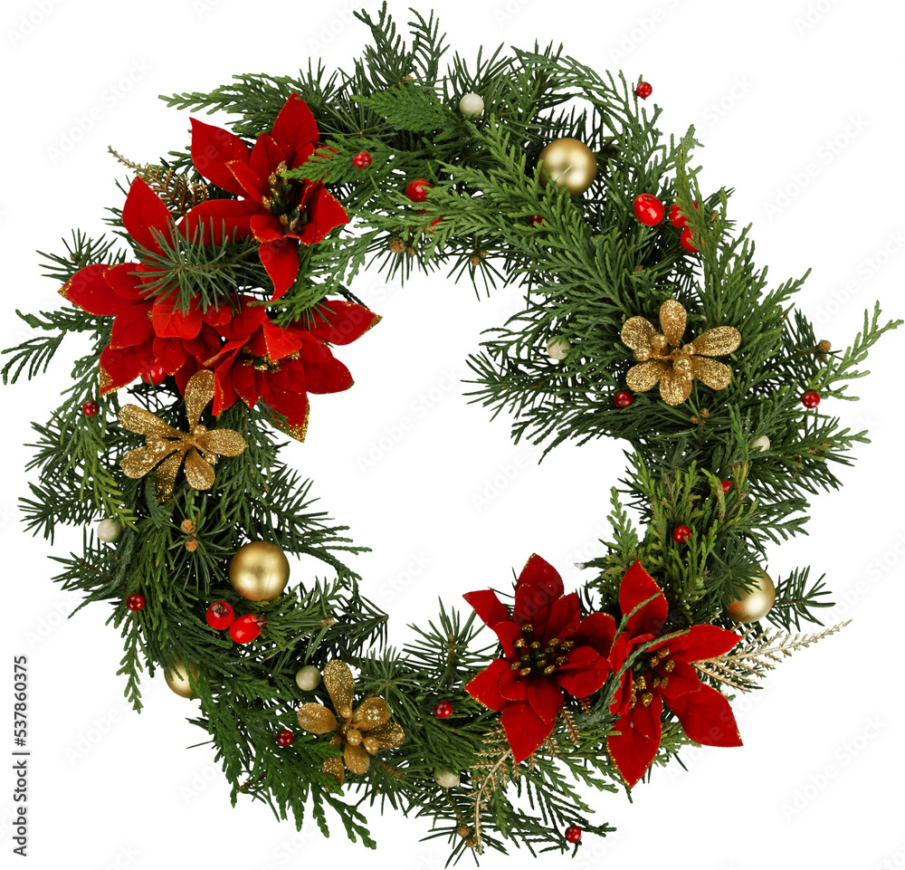 Wall mural christmas frame wreath with evergreen fir tree and red and yellow berries isolated on white