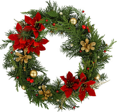 Christmas frame wreath with evergreen fir tree and red and yellow berries isolated on white