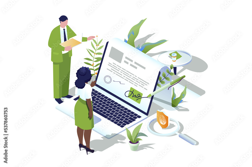 Poster electronic contract web concept in 3d isometric design. people make business deals and sign virtual 