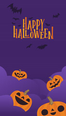 Happy Halloween logo, in vertical background for social media post. Clouds and bats, spooky elements.