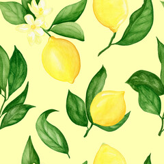 Watercolor seamless pattern with lemons on yellow background 