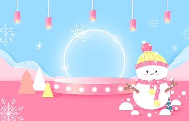 Podium for placing products. blue and pink background.paper cut. Christmas Day, snowman. Version 2.