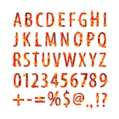 Vector burning alphabet, digits and signs. Symbols with flaming fire