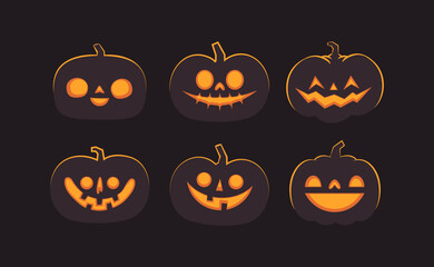 Set of carved halloween pumpkins. Jack o Lantern glowing inside with smile for your design for the holiday. Cute and fun vector illustration.