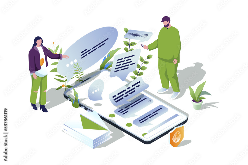 Aufkleber Messaging service web concept in 3d isometric design. People writes messages and sends using mobile application, chatting with friends, sending emails, online communication. Web illustration.